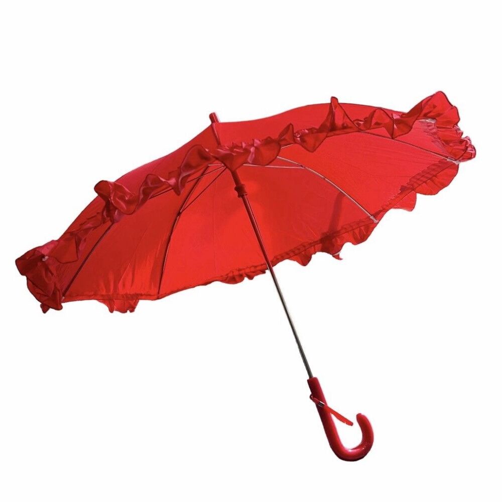 New Red Hat Society Ruffled Parasol Umbrella 25" Curved Handle